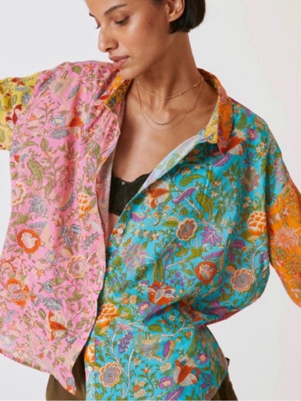 Patchwork Floral Button-Up Blouse - Pink & Turquoise